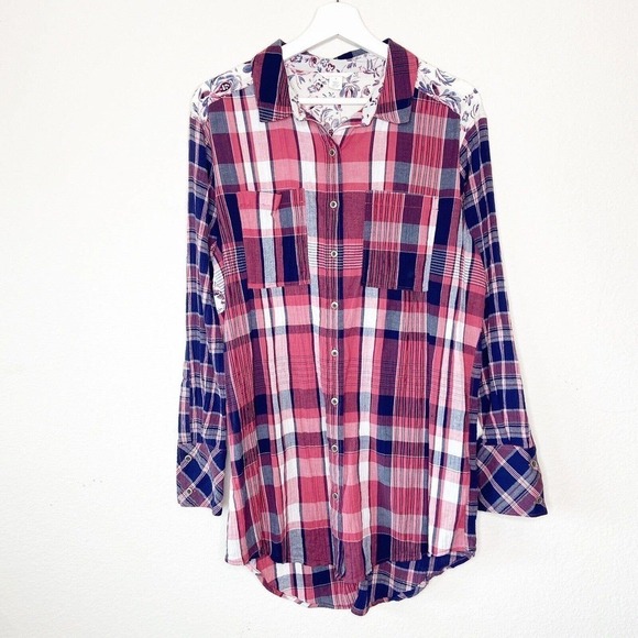Caslon Floral Back Red and Blue Plaid Button Up Tunic Top S - Picture 2 of 11